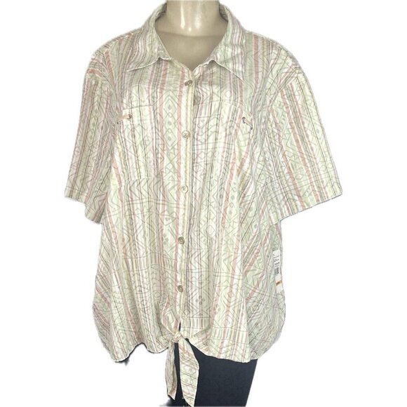 Alfred Dunner +24W Green-Coral Geo-Striped Button Tie Waist Short Sleeve Shirt - Picture 2 of 6